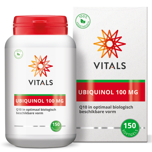 Vitals Ubiquinol 100 mg softgels, dietary supplement with 150 softgel capsules for energy support and antioxidant benefits.