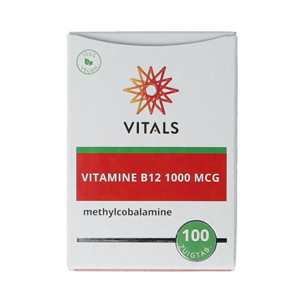 Bottle of Vitals Vitamin B12 methyl 1000 mcg chewable tablets, with 100 tablets in a clear container.