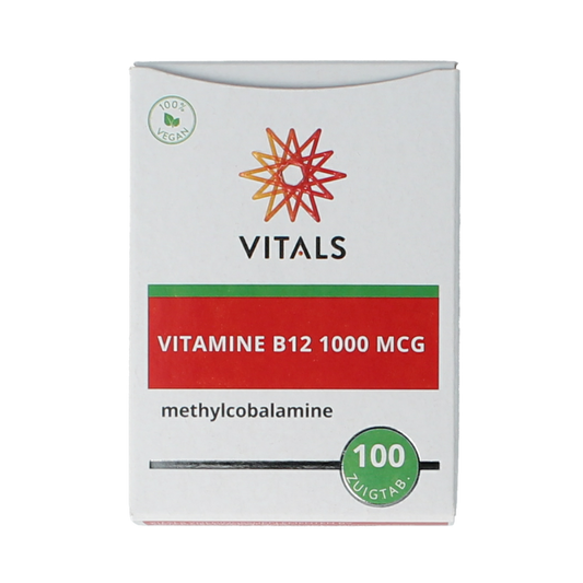 Bottle of Vitals Vitamin B12 methyl 1000 mcg chewable tablets, with 100 tablets in a clear container.