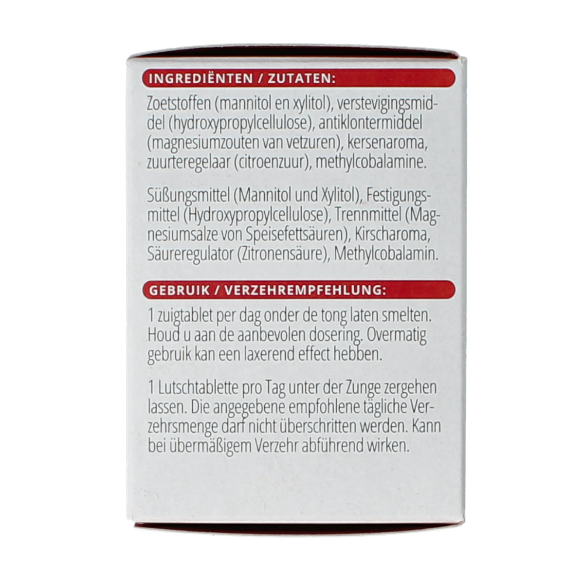Vitals Vitamine B12 methyl 1000 mcg chewable tablets, close-up of the orange tablets in a blister pack.