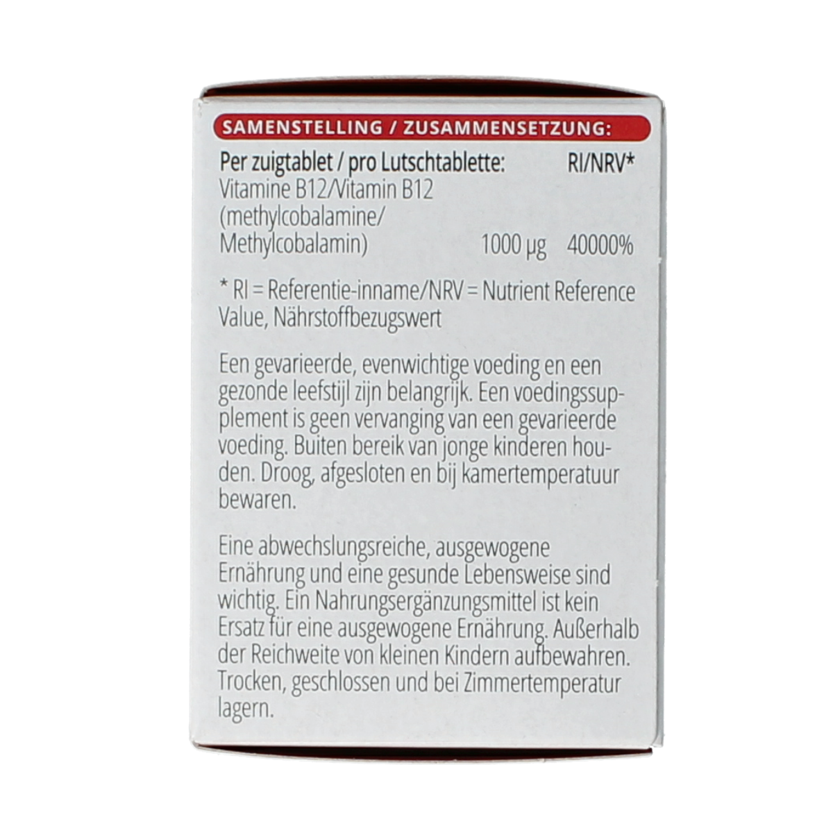 Vitals Vitamine B12 methyl 1000 mcg chewable tablets, orange flavored, in a clear bottle with 100 tablets visible.