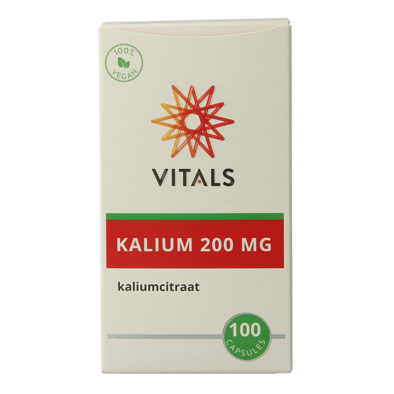 Vital mineral supplement Vitals Kalium Citraat 200 mg in 100 capsules, showing the bottle and capsules inside.