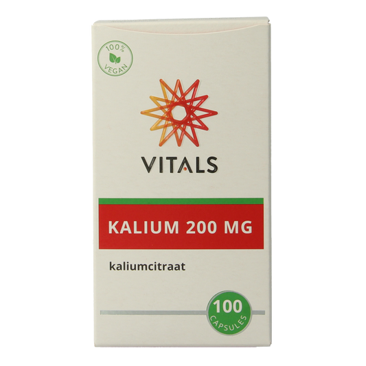 Vital mineral supplement Vitals Kalium Citraat 200 mg in 100 capsules, showing the bottle and capsules inside.