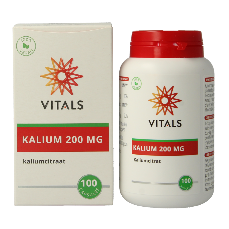 Vitals Kalium Citraat 200 mg mineral capsules, showing 100 softgel capsules in a natural setting
