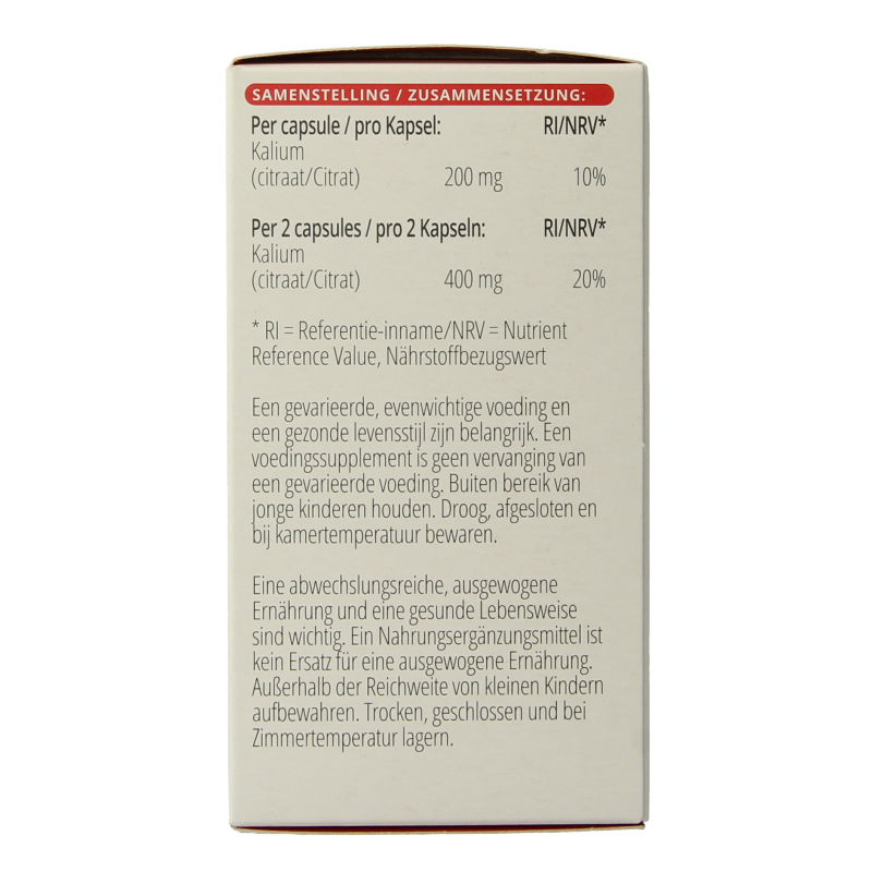 Vitals Kalium Citraat 200 mg mineral capsules, showing 100 capsules in a clear container with label detail.