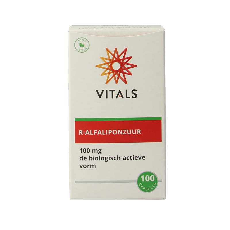 Vitals R-alfaliponzuur 100 capsules of amino acids supplement, showing the bottle with label and capsules inside.