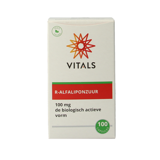 Vitals R-alfaliponzuur 100 capsules of amino acids supplement, showing the bottle with label and capsules inside.