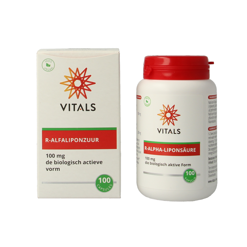 Vitals R-alfaliponzuur amino acid capsules in a white bottle with label, shown in a close-up shot.
