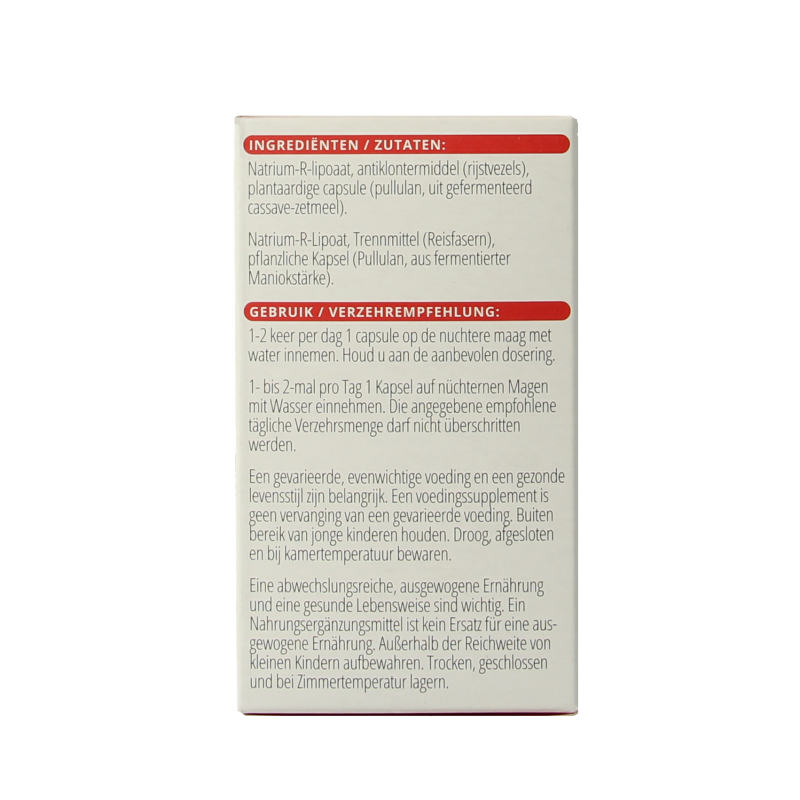 Vitals R-alfaliponzuur amino acid supplement in a bottle of 100 capsules with label showing product details.