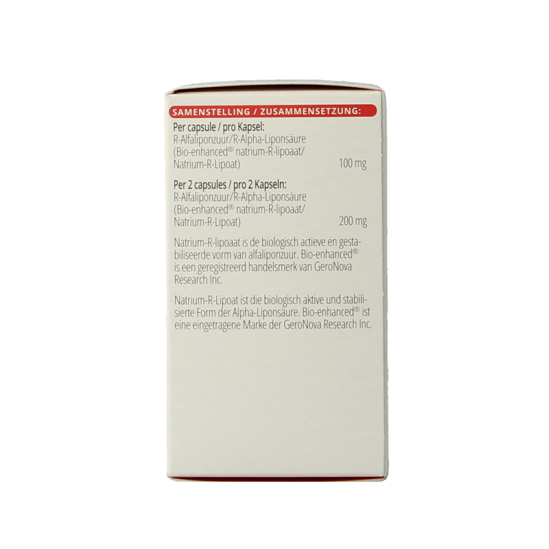 Bottle of Vitals R-alfaliponzuur 100 capsules, amino acids supplement in a plastic bottle with a label and capsules inside.