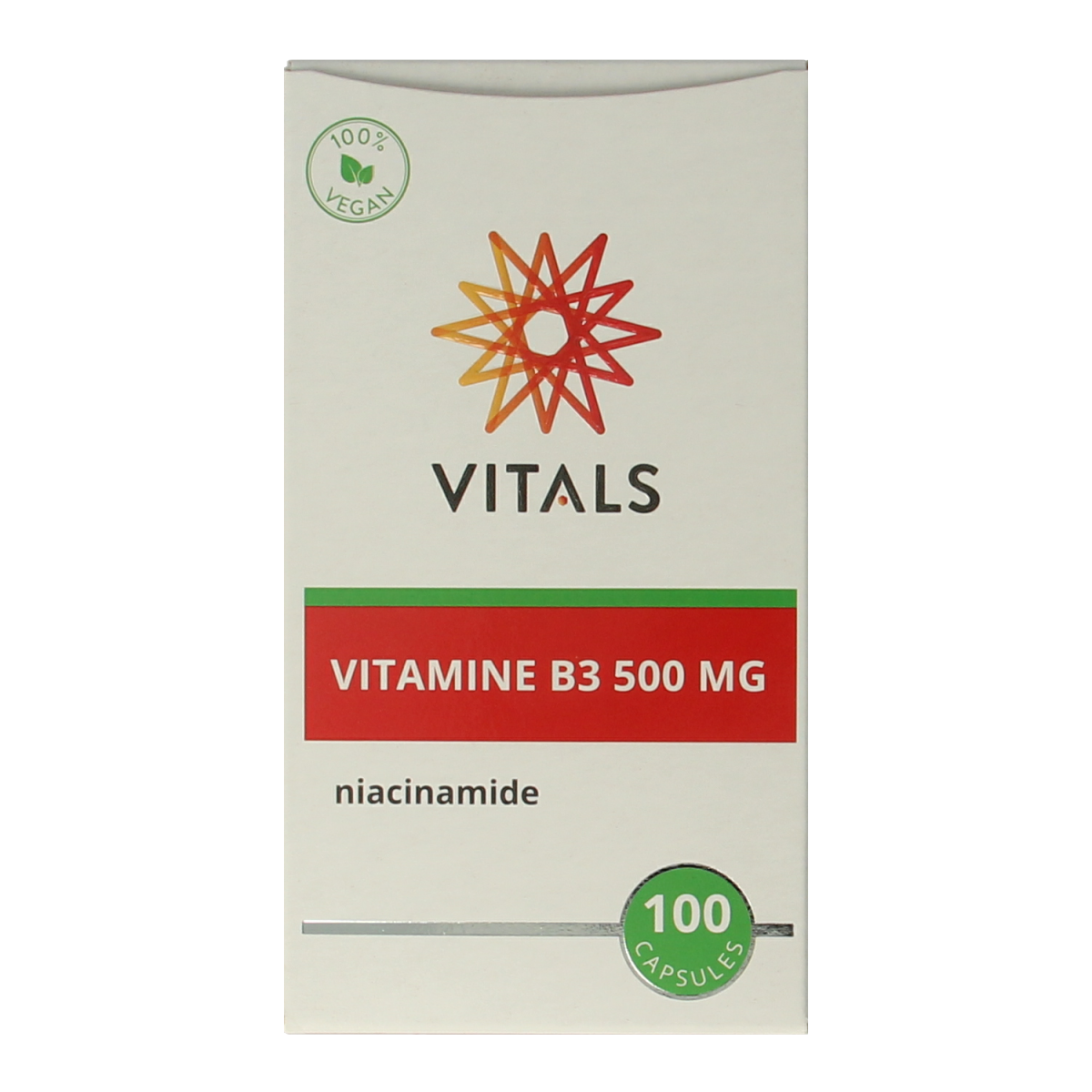 Vitals Vitamine B3 niacinamide 500mg capsules, bottle of 100, dietary supplement for skin and nerve health.