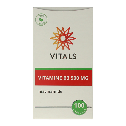 Vitals Vitamine B3 niacinamide 500mg capsules, bottle of 100, dietary supplement for skin and nerve health.