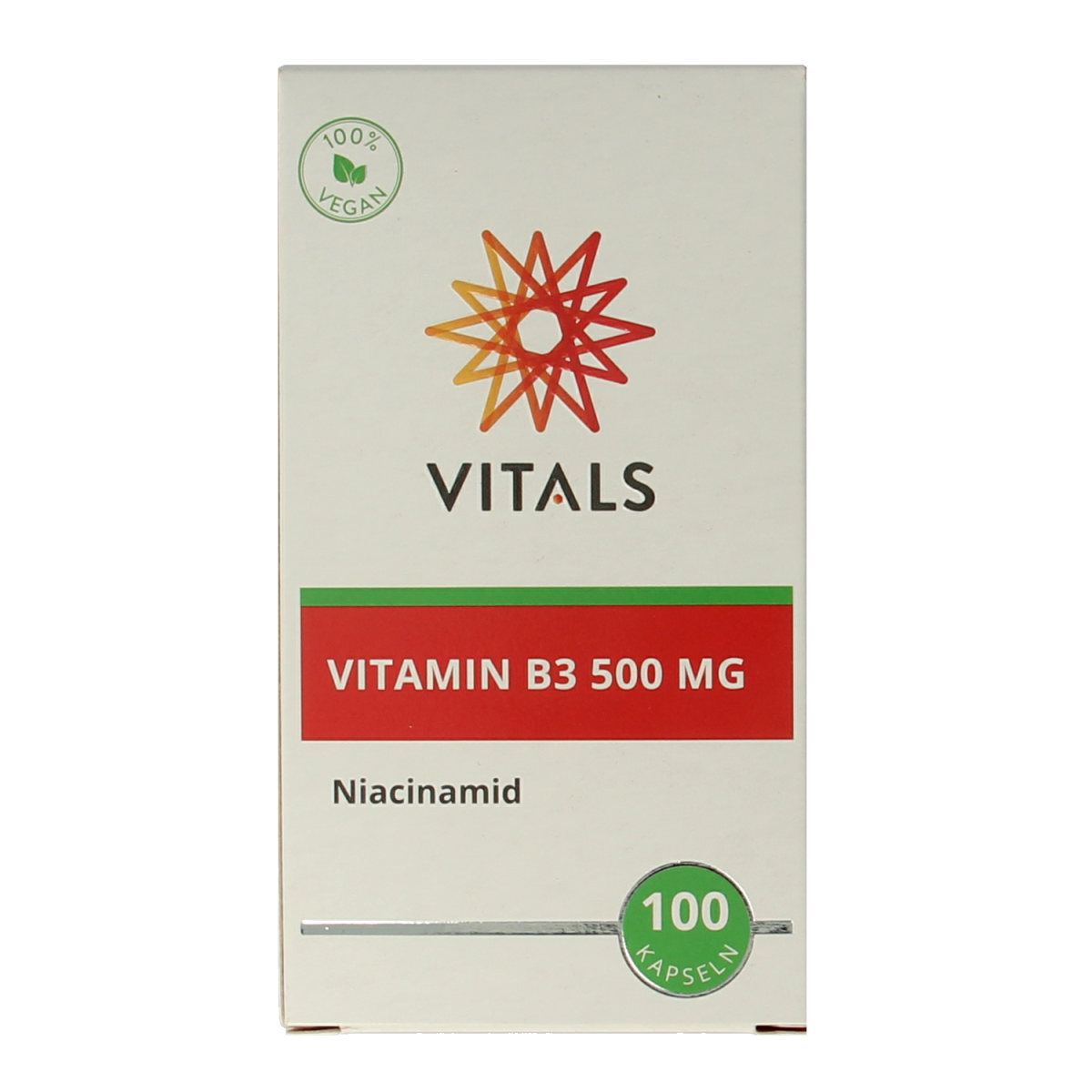 Vitals Vitamine B3 Niacinamide 500mg capsules, natural supplement for skin health, in a bottle of 100 capsules.