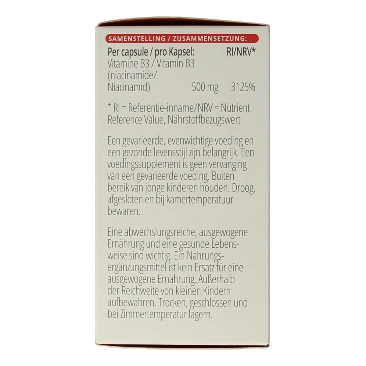 Vitals Vitamine B3 niacinamide 500mg capsules, dietary supplement in a bottle, showing 100 capsules for healthy skin and energy.