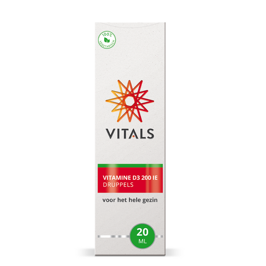 Vitals Vitamine D3 druppels in 20ml bottle, liquid supplement with dropper for daily vitamin D intake.