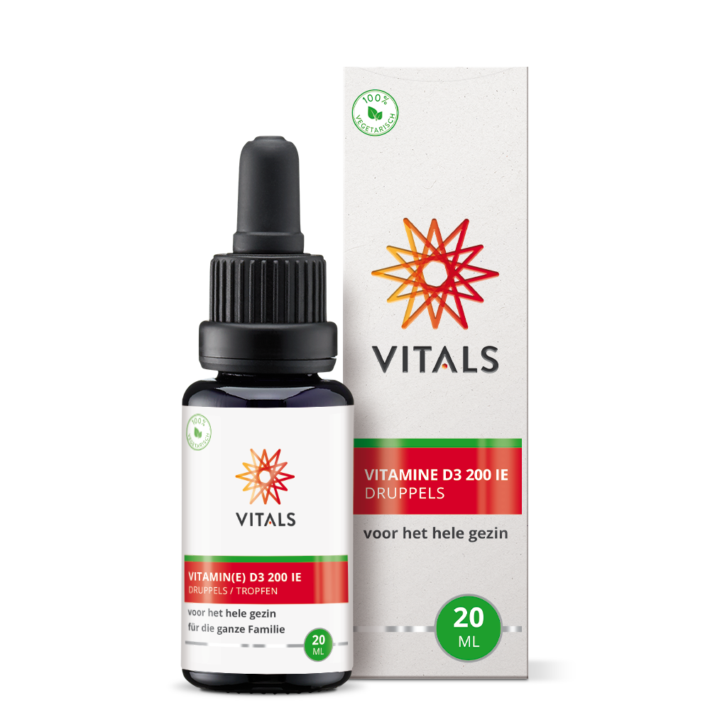 Bottle of Vitals Vitamin D3 drops in a 20ml container, showing the supplement's label and dropper for easy dosing.