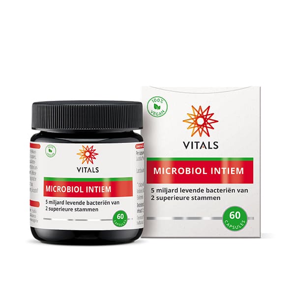 Vitals Microbiol Intiem vegetarian capsules containing micro-organisms, shown in the image.