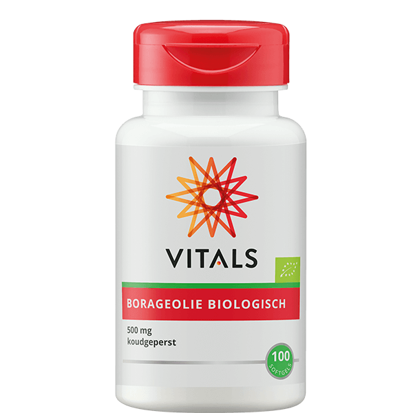Vetzuren Vitals Borageolie 500mg bio softgels, 100-count supplement bottle, with softgel capsules containing organic borage oil.