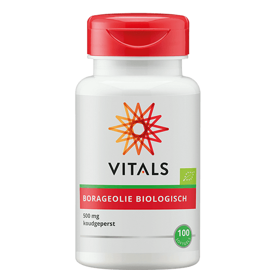 Vetzuren Vitals Borageolie 500mg bio softgels, 100-count supplement bottle, with softgel capsules containing organic borage oil.