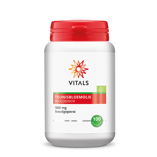 Vitals Teunisbloemolie 500mg bio softgels, natural evening primrose oil capsules in a clear container with softgel pills inside.