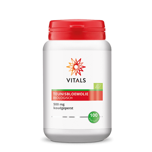 Vitals Teunisbloemolie 500mg bio softgels, natural evening primrose oil capsules in a clear container with softgel pills inside.