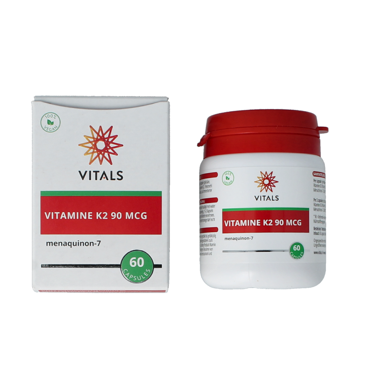 Bottle of Vitals Vitamin K2 90 mcg capsules showing 60 capsules in the container.