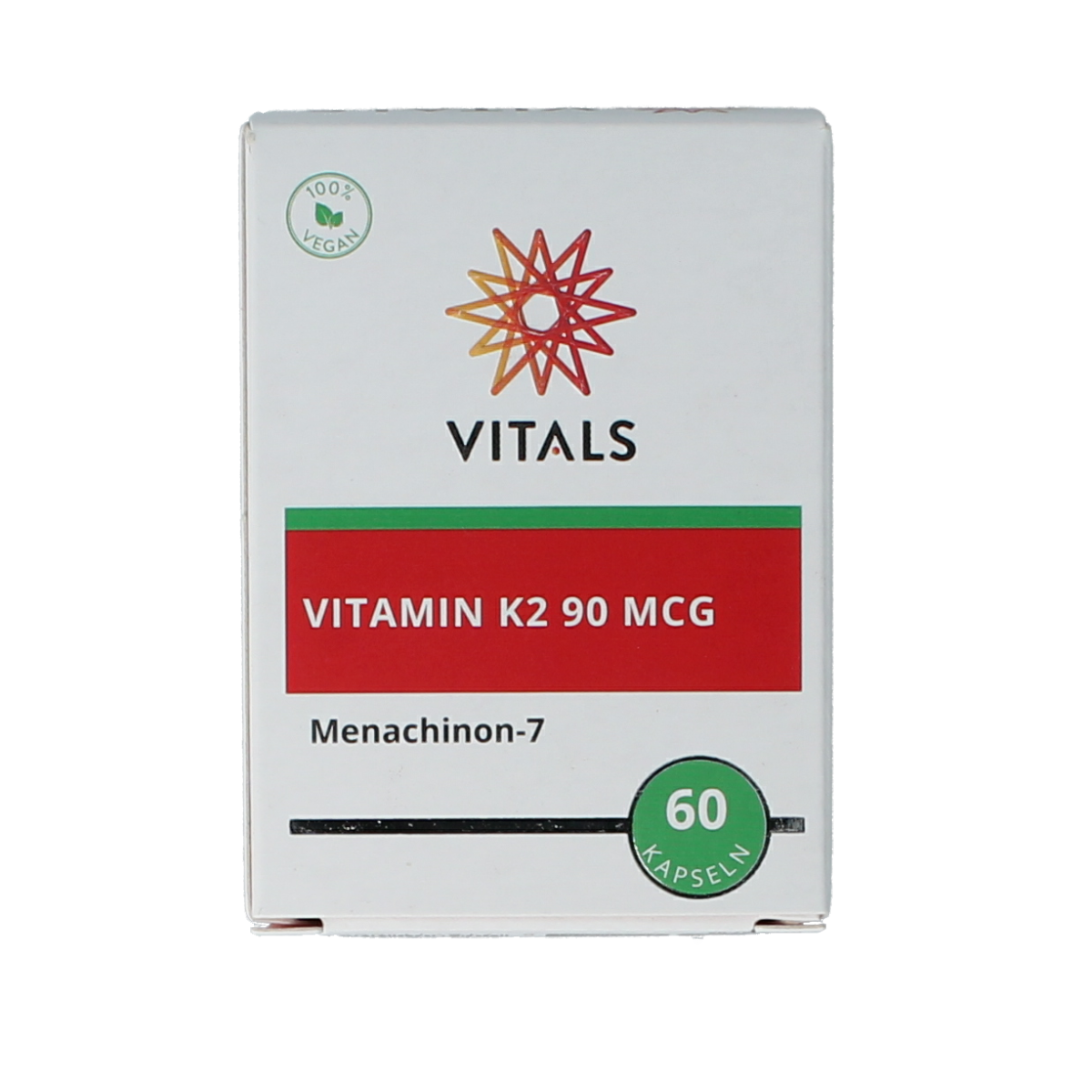 Vitamins Vitals Vitamin K2 90 mcg capsules, natural dietary supplement with 60 capsules, shown in bottle with label.
