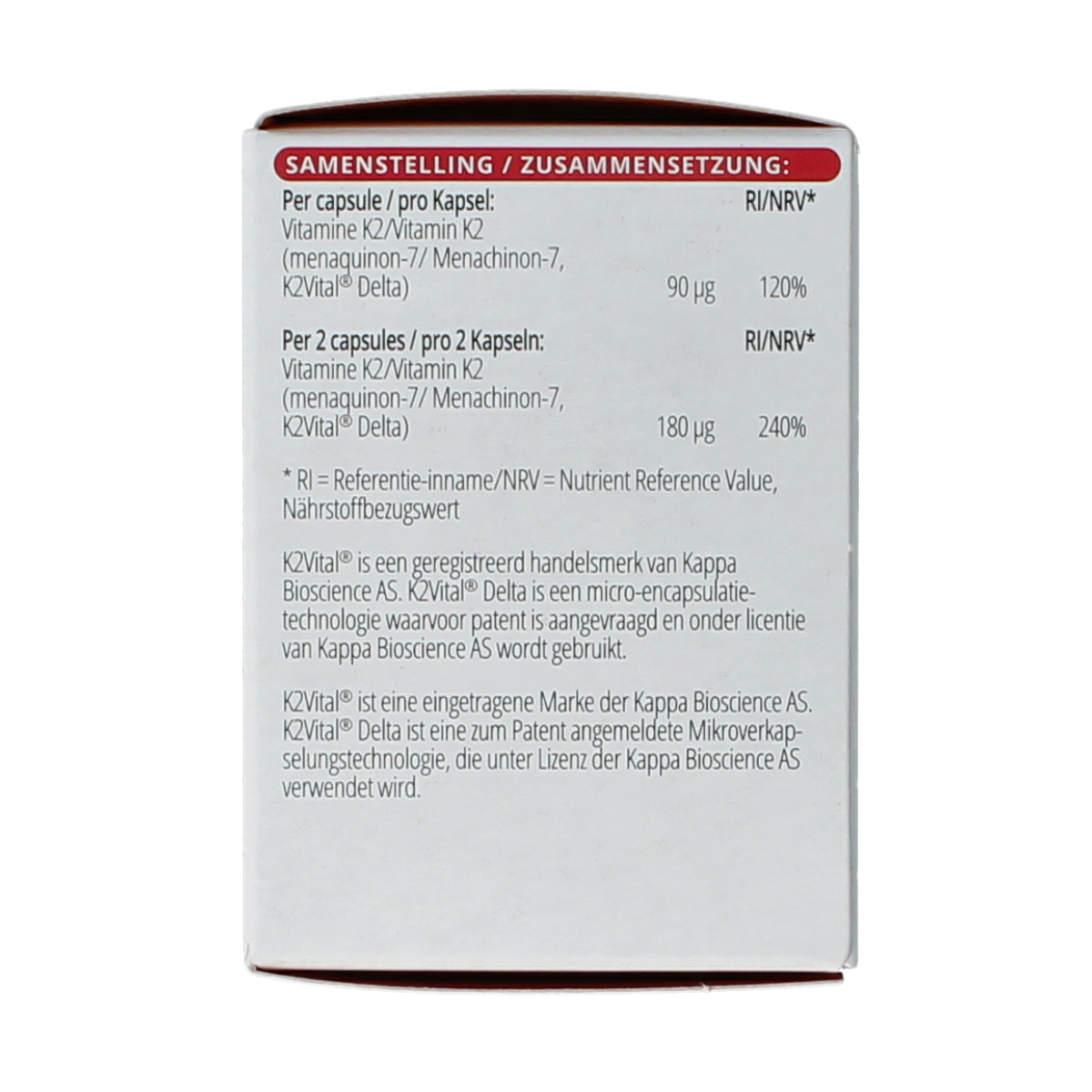 Vitals Vitamine K2 90 mcg capsules, natural supplement in a bottle, designed to support bone and cardiovascular health.