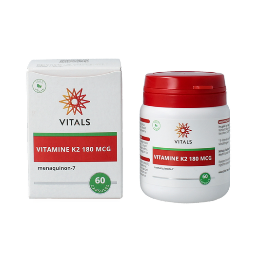 Vitals Vitamine K2 180mcg vegetarian capsules, close-up of the bottle with capsules inside, supplement for bone health.