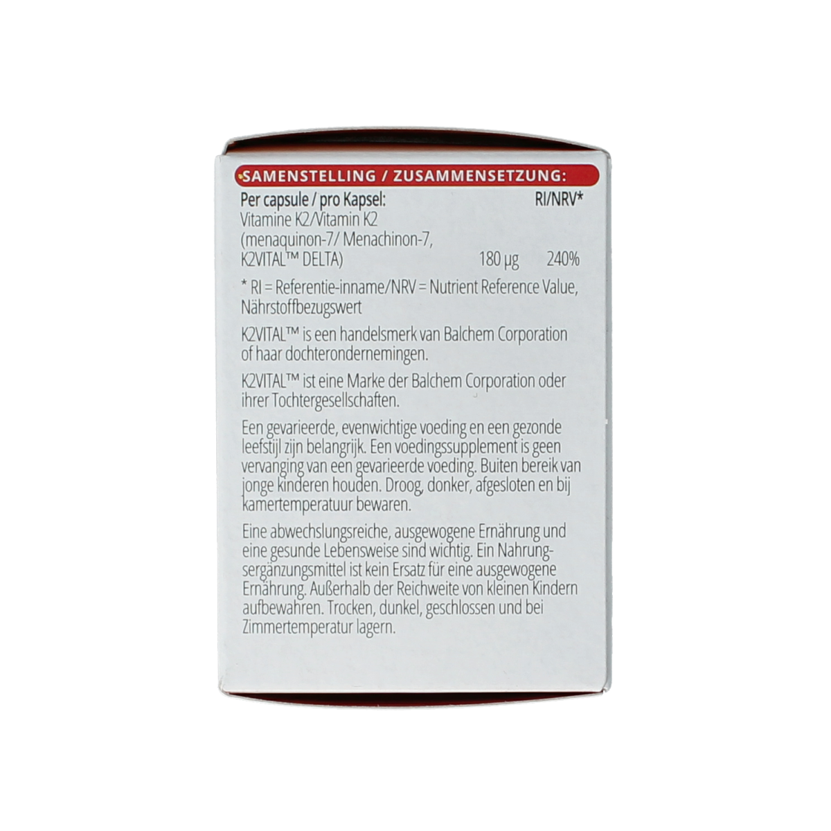 Vitals Vitamine K2 180mcg vegetarian capsules, close-up of the supplement bottle with capsules visible.