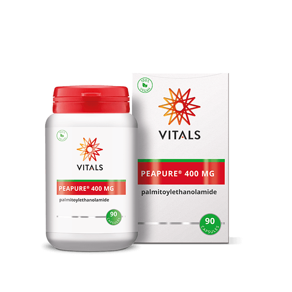 Vitals PeaPure 400 mg palmitoylethanolamide vegetarian capsules, dietary supplement in a clear bottle with label.