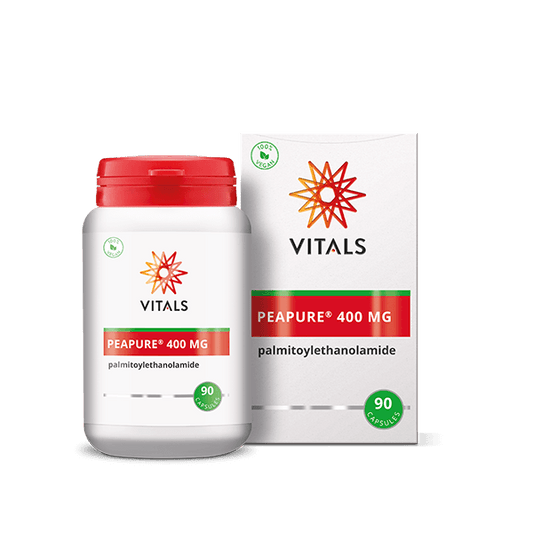 Vitals PeaPure 400 mg palmitoylethanolamide vegetarian capsules, dietary supplement in a clear bottle with label.