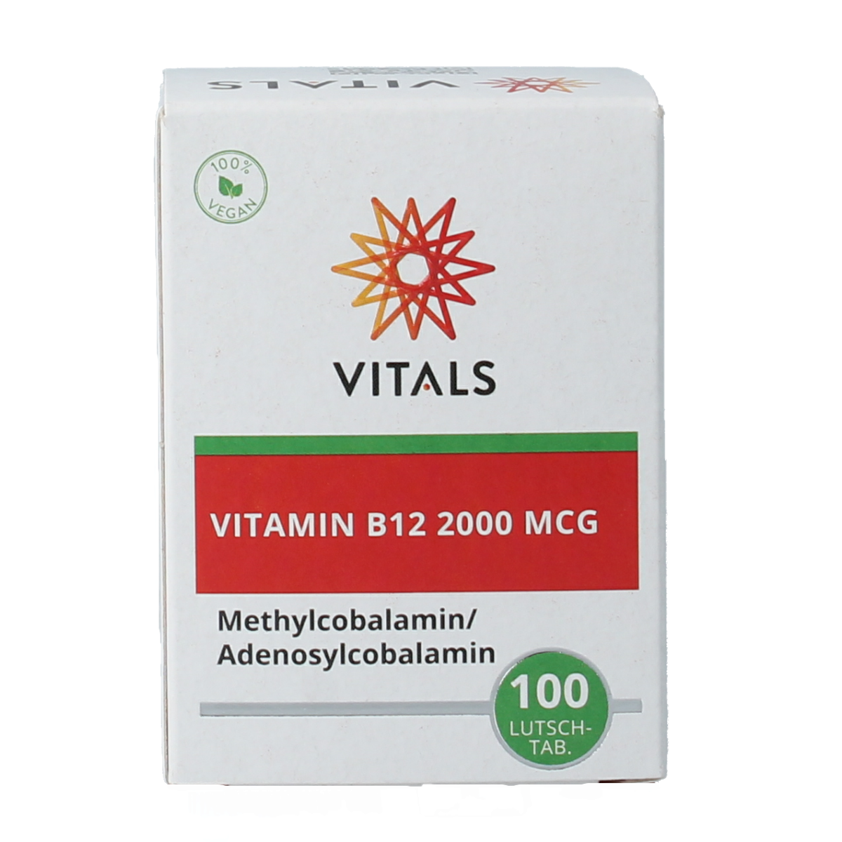 Vitals Vitamine B12 2000 mcg lozenges, dietary supplement, close-up of the orange-flavored B12 tablets with packaging