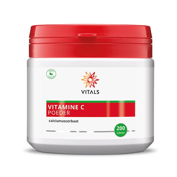 Vitals Vitamine C poeder (calciumascorbaat) 200g in a resealable bag, showing the vitamin C powder and packaging.