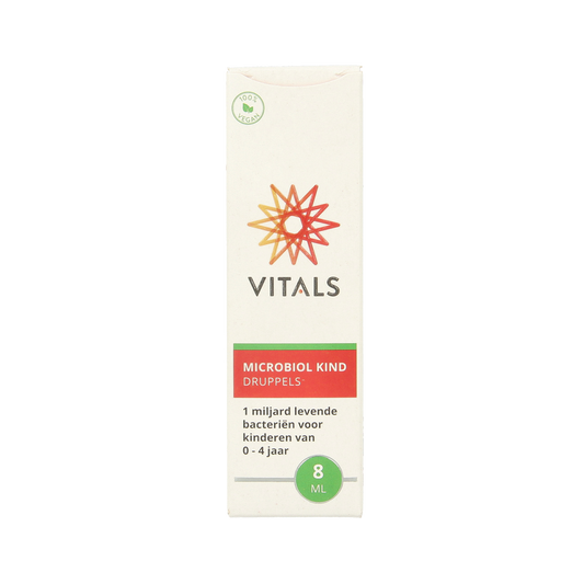 Vitals Microbiol kind probiotic for ages 0-4, 8 ml bottle, containing beneficial micro-organisms for children's gut health.