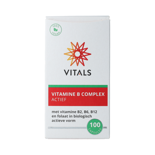 Vitals Vitamin B complex capsules in a bottle, supplement for energy and overall health, labeled as multi-vitamin from Vitals.