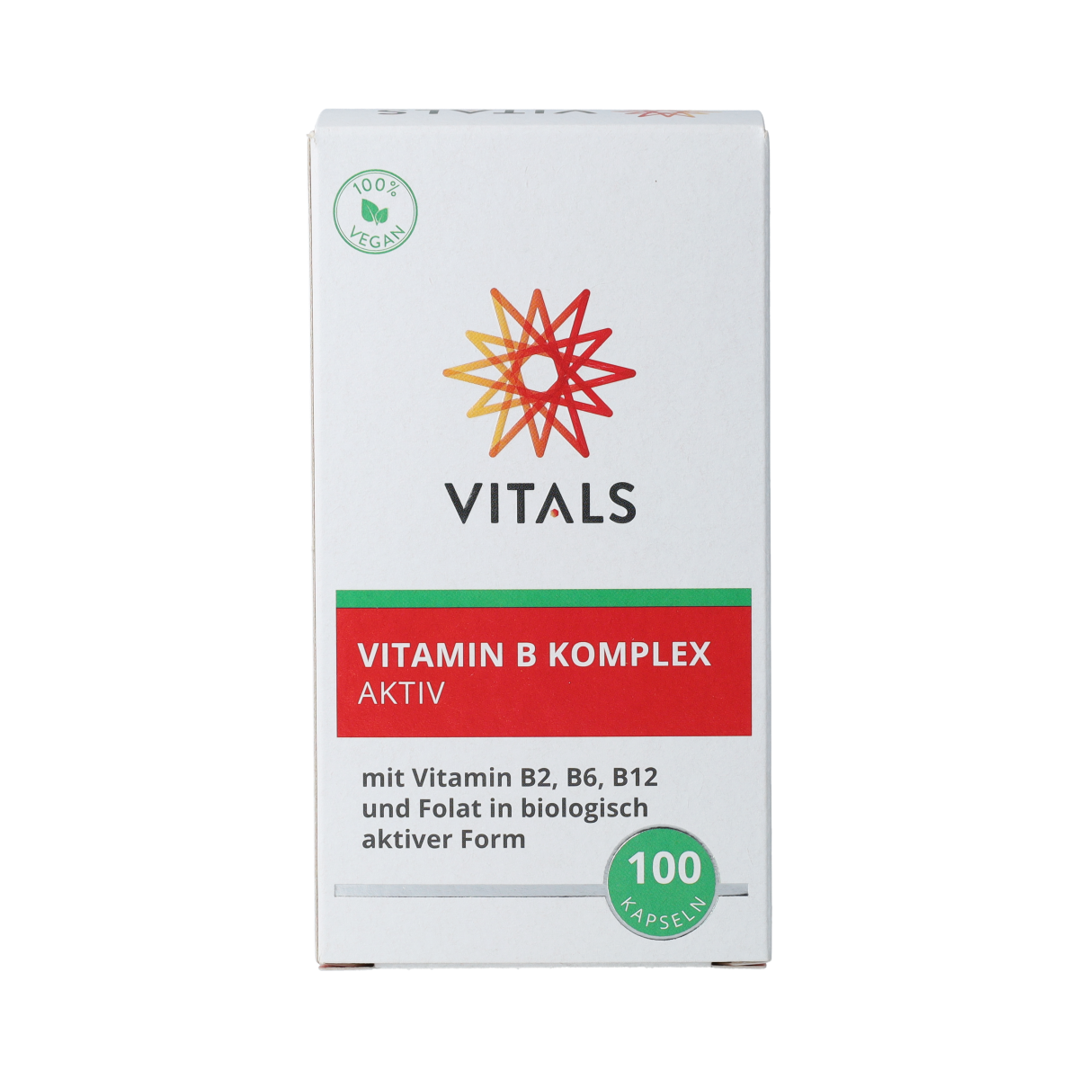 Vitals Vitamine B complex actief multivitamin capsules, close-up of 100 capsules in a clear container with label.