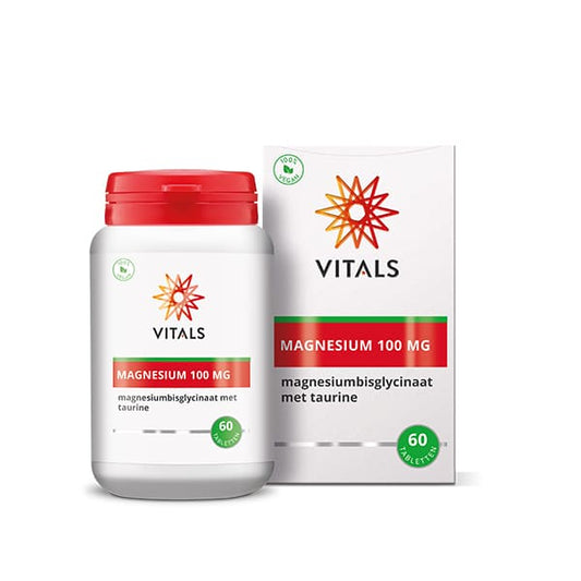 Vitals Magnesiumbisglycinaat 100 mg mineral tablets in a bottle, showing 60 tablets on the label.