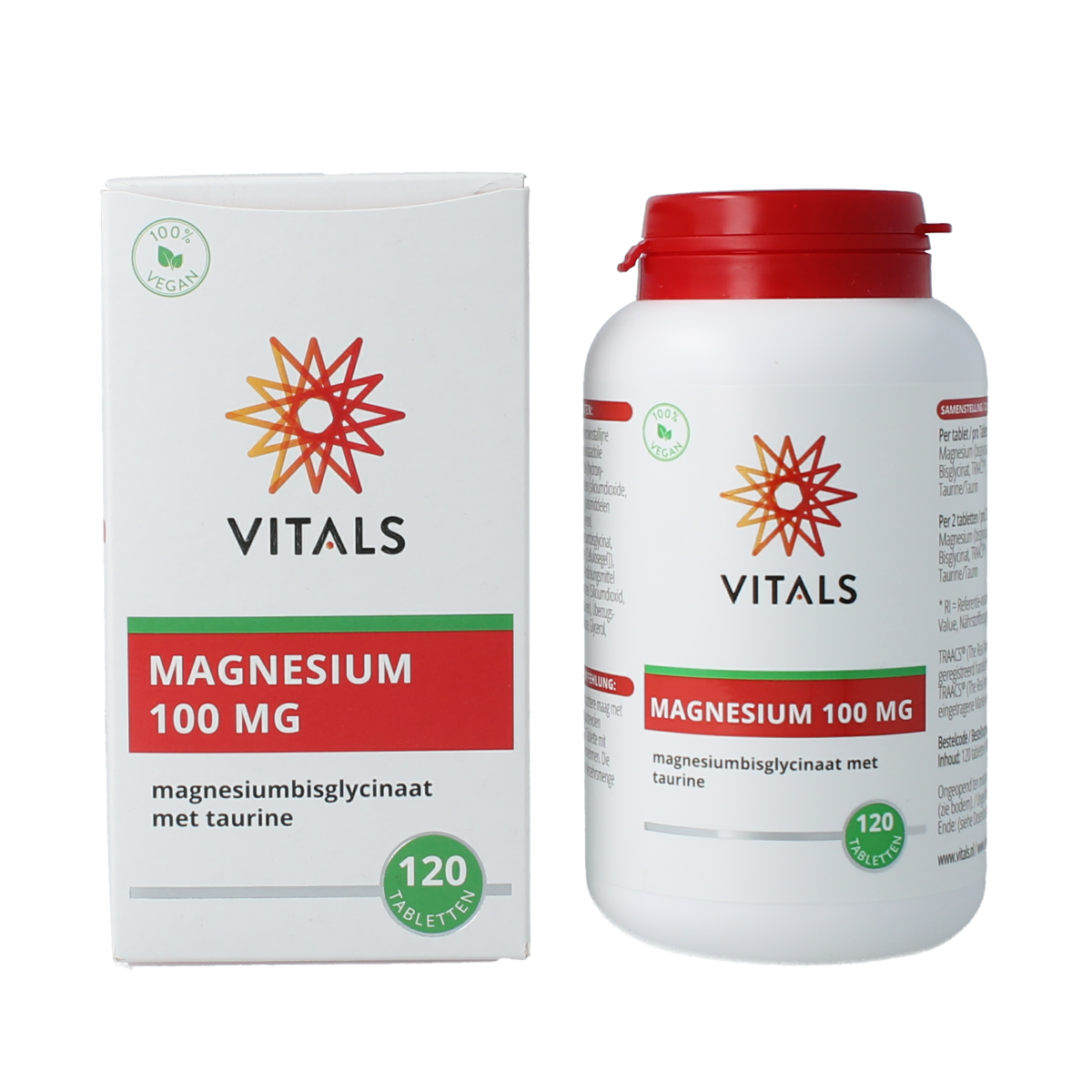 Vitals Magnesiumbisglycinaat 100 mg mineral supplements in a bottle of 120 tablets, natural mineral supplement for health.
