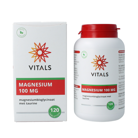 Vitals Magnesiumbisglycinaat 100 mg mineral supplements in a bottle of 120 tablets, natural mineral supplement for health.