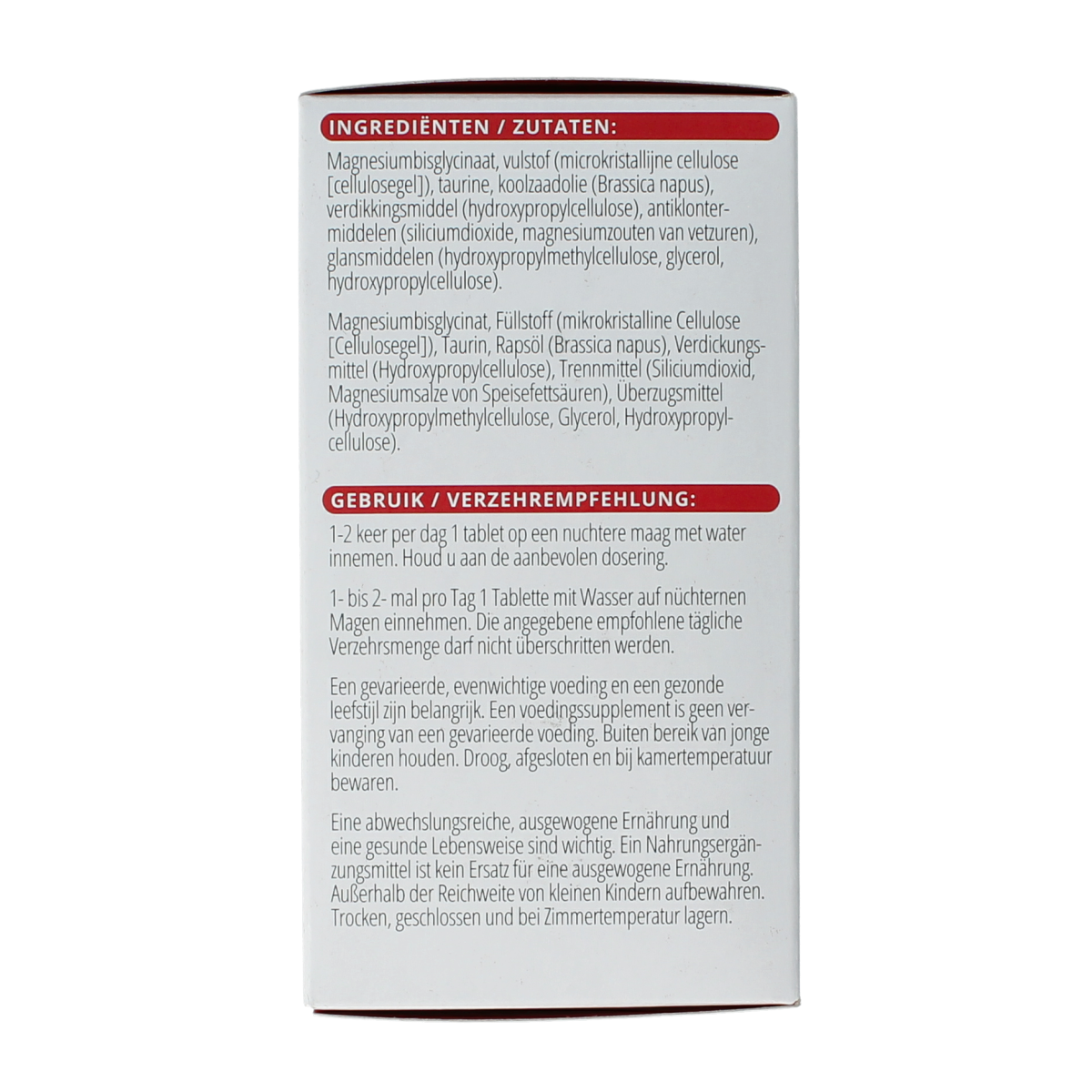 Vitals Magnesiumbisglycinaat 100 mg mineral tablets, showing a bottle of dietary supplements with labeled tablets.