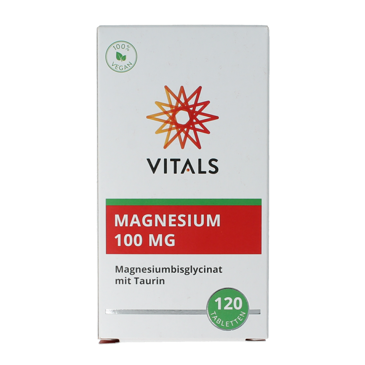 Vitals Magnesiumbisglycinaat 100 mg mineral supplement tablets, showing a bottle of Vitals magnesium tablets for daily use.