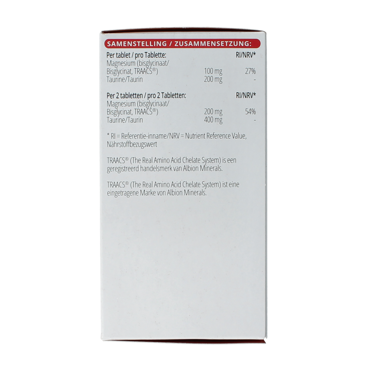 Vitals Magnesiumbisglycinaat 100 mg mineral supplement tablets, close-up of a bottle with white tablets on a white background.