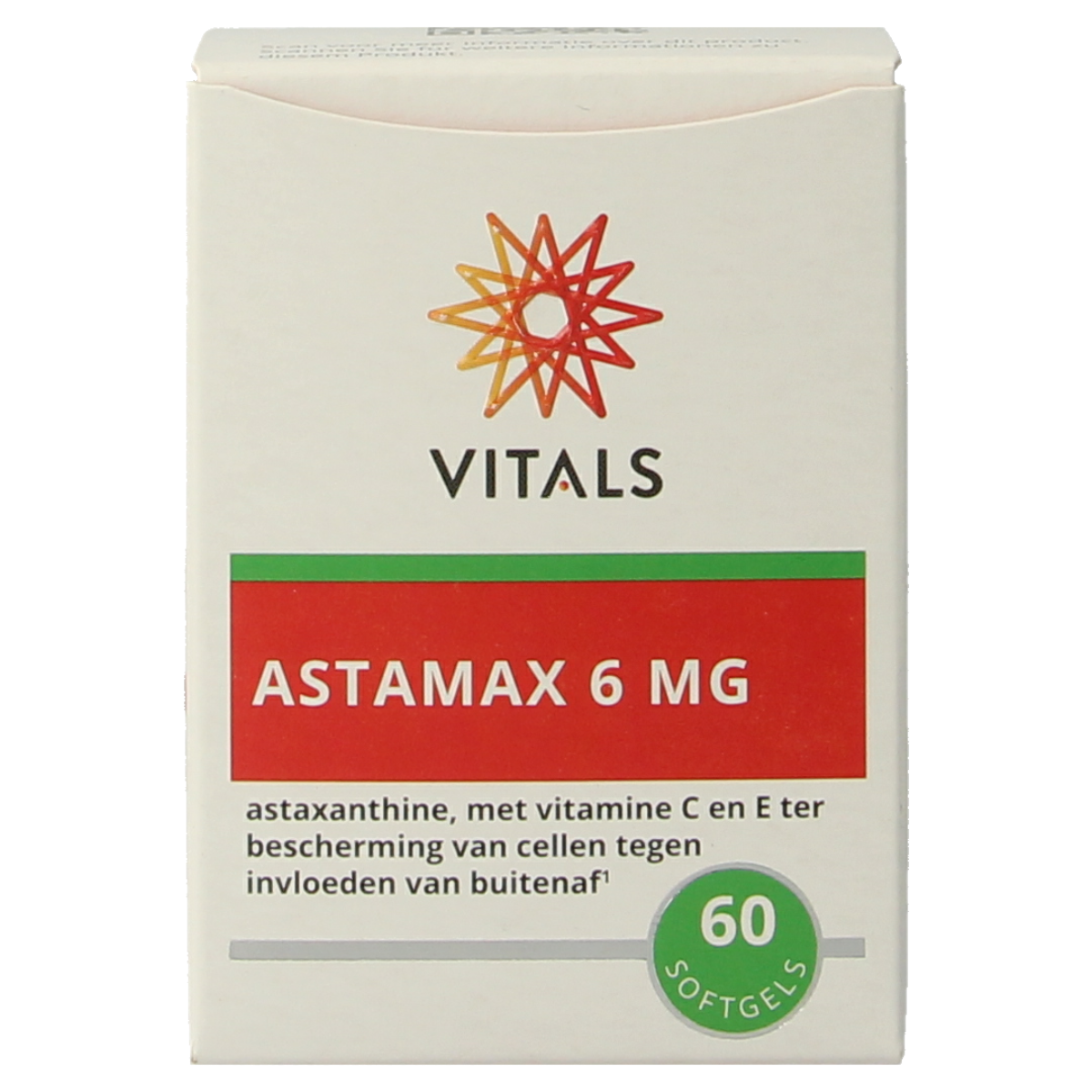 Vitals Astamax 6 mg multivitamin softgels in a bottle, featuring 60 softgel capsules for daily nutritional support.