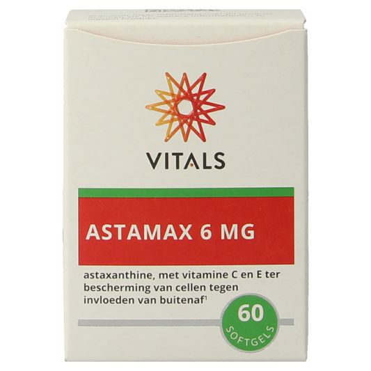 Vitals Astamax 6 mg multivitamin softgels in a bottle, featuring 60 softgel capsules for daily nutritional support.