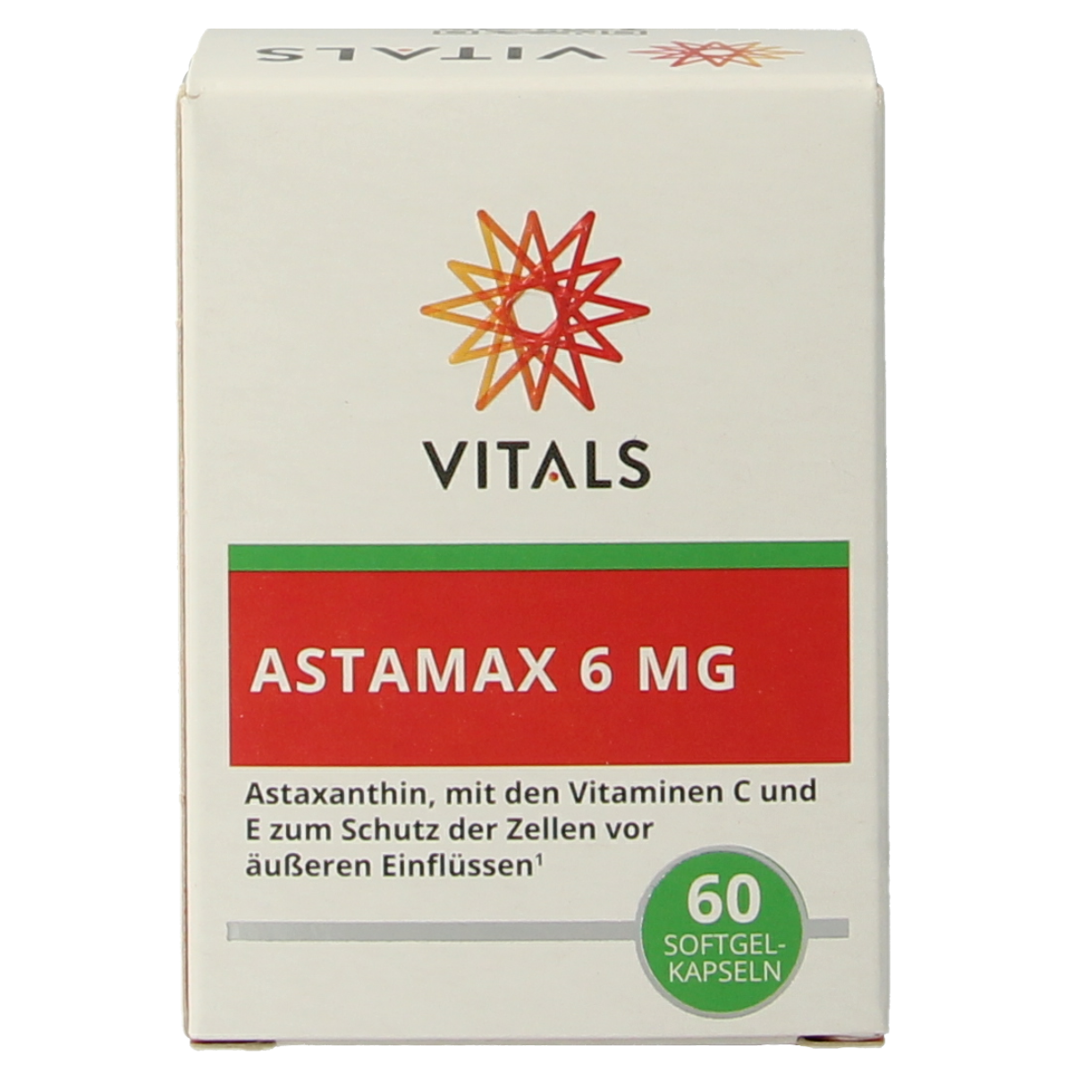 Vitals Astamax 6 mg multivitamin softgels in a white bottle with a label displaying the product name and dosage.