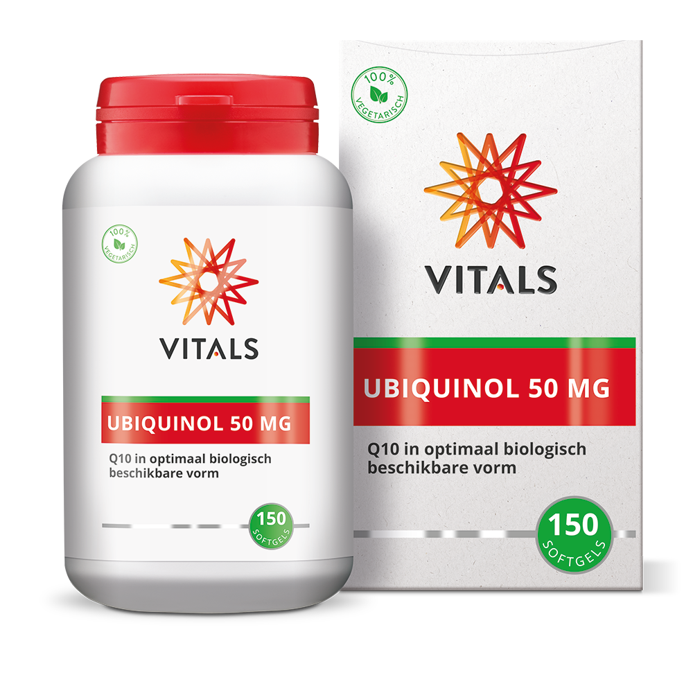 Vitals Ubiquinol 50mg softgels, dietary supplement with 150 softgels for heart and energy support.
