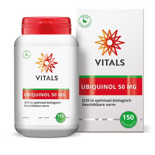 Vitals Ubiquinol 50mg softgels, dietary supplement with 150 softgels for heart and energy support.