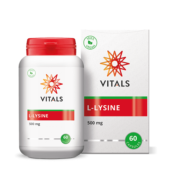 Vitalis Vitals L-Lysine 500mg vegetarian capsules, amino acids supplement, shown in the image.
