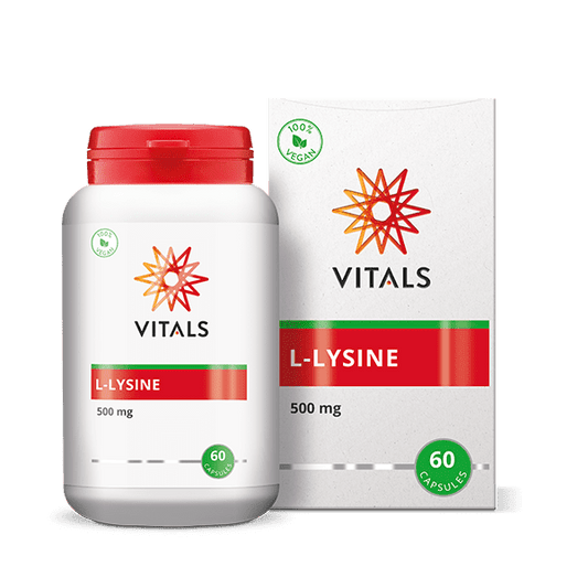 Vitalis Vitals L-Lysine 500mg vegetarian capsules, amino acids supplement, shown in the image.